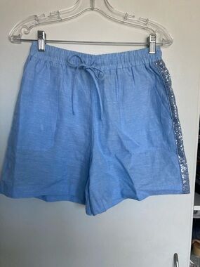 Blue Sequin-Trim Women's Drawstring Shorts Linen Saks Fifth Avenue NWT Small